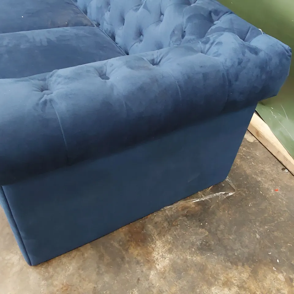 DESIGNER TWO SEATER CHESTERFIELD SOFA BLUE PLUSH FABRIC 
