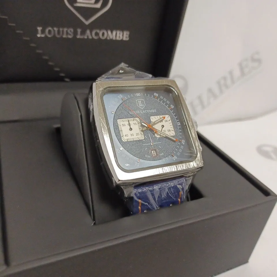 LOUIS LACOMBE MENS CHRONOGRAPH WATCH - SQUARE BLACK DIAL WITH WHITE SUB DIALS - SILVER STAINLESS STEEL CASE - 3ATM WATER RESISTANT - BLUE LEATHER STRAP - DISPLAY BOX
