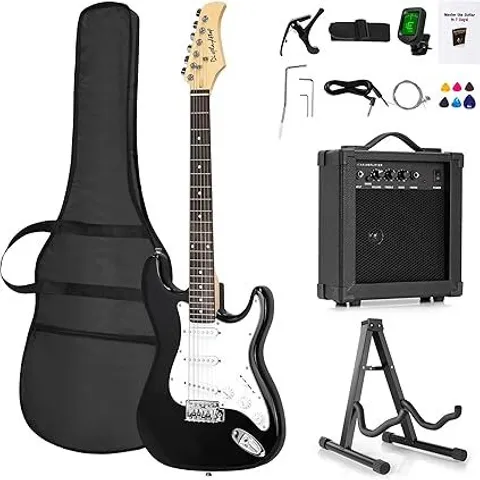 BOXED DISPLAY4TOP FULL-SIZE ELECTRIC GUITAR MOST COMPLETE BEGINNER SUPER KIT PACKAGE WITH AMPLIFIER, GUITAR STAND, BAG, GUITAR PICK, STRAP, SPARE STRINGS, TUNER, CASE AND CABLE - BLACK/WHITE