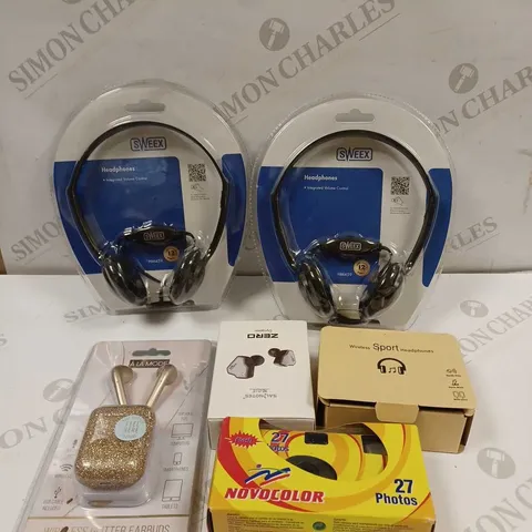 LOT TO CONTAIN 6 X TECH PRODUCTS, INCLUDES HEADSETS, EARPHONES & A CAMERA