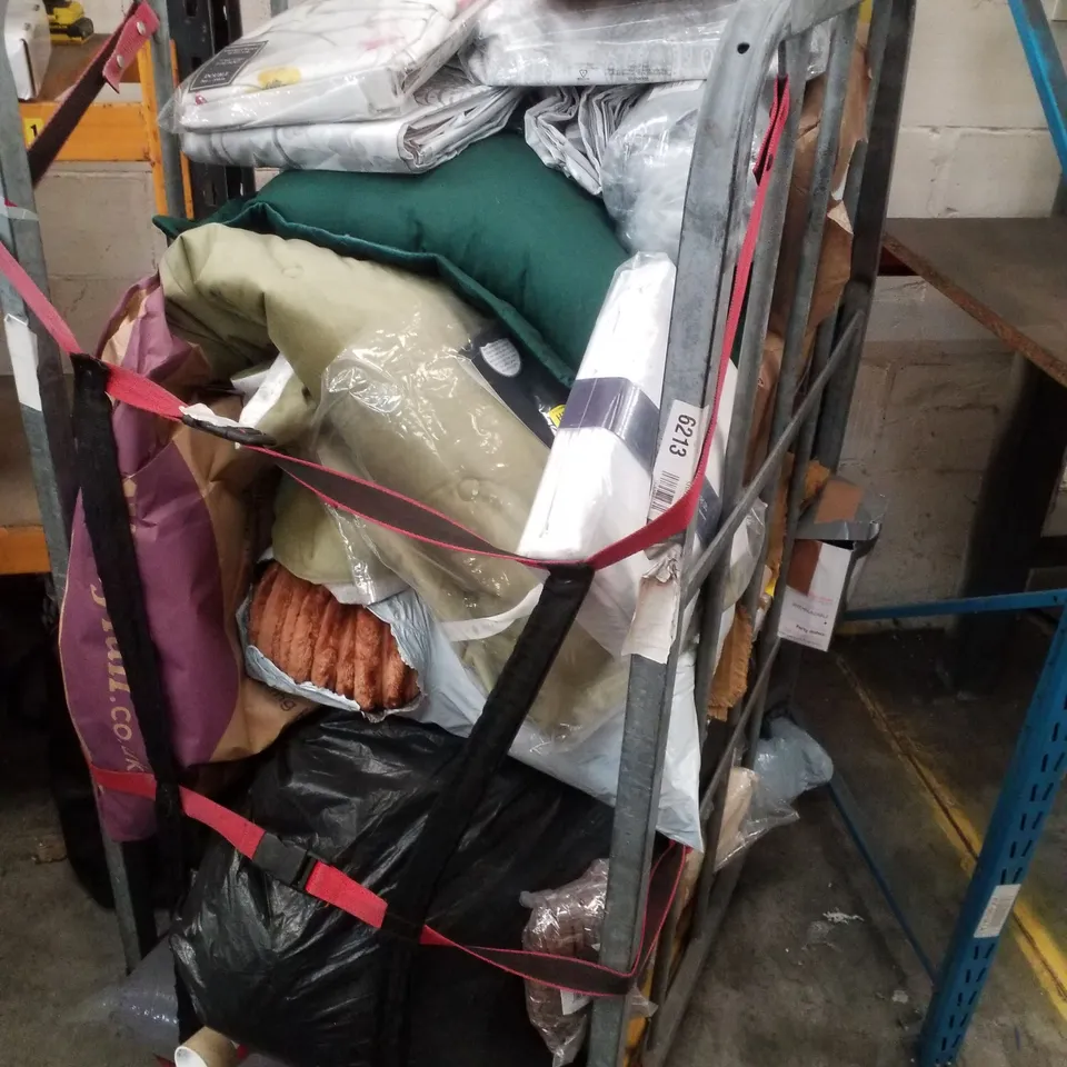 CAGE CONTAINING ASSORTED PRODUCTS INCLUDING CUSHIONS, BEDSPREADS & SOFA COVER