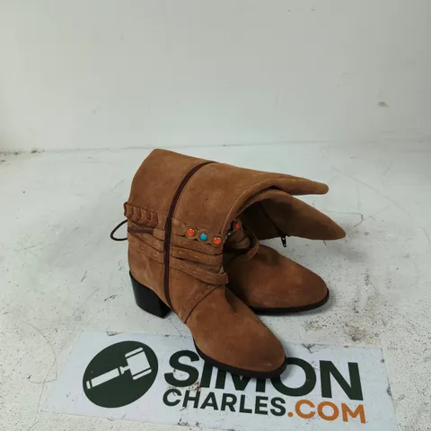 JOE BROWN WOMEN'S BROWN SUEDE ANKLE BOOTS WITH FRINGE, STUD EMBELLISHMENTS, SIDE ZIP, LOW BLOCK HEEL UK 5