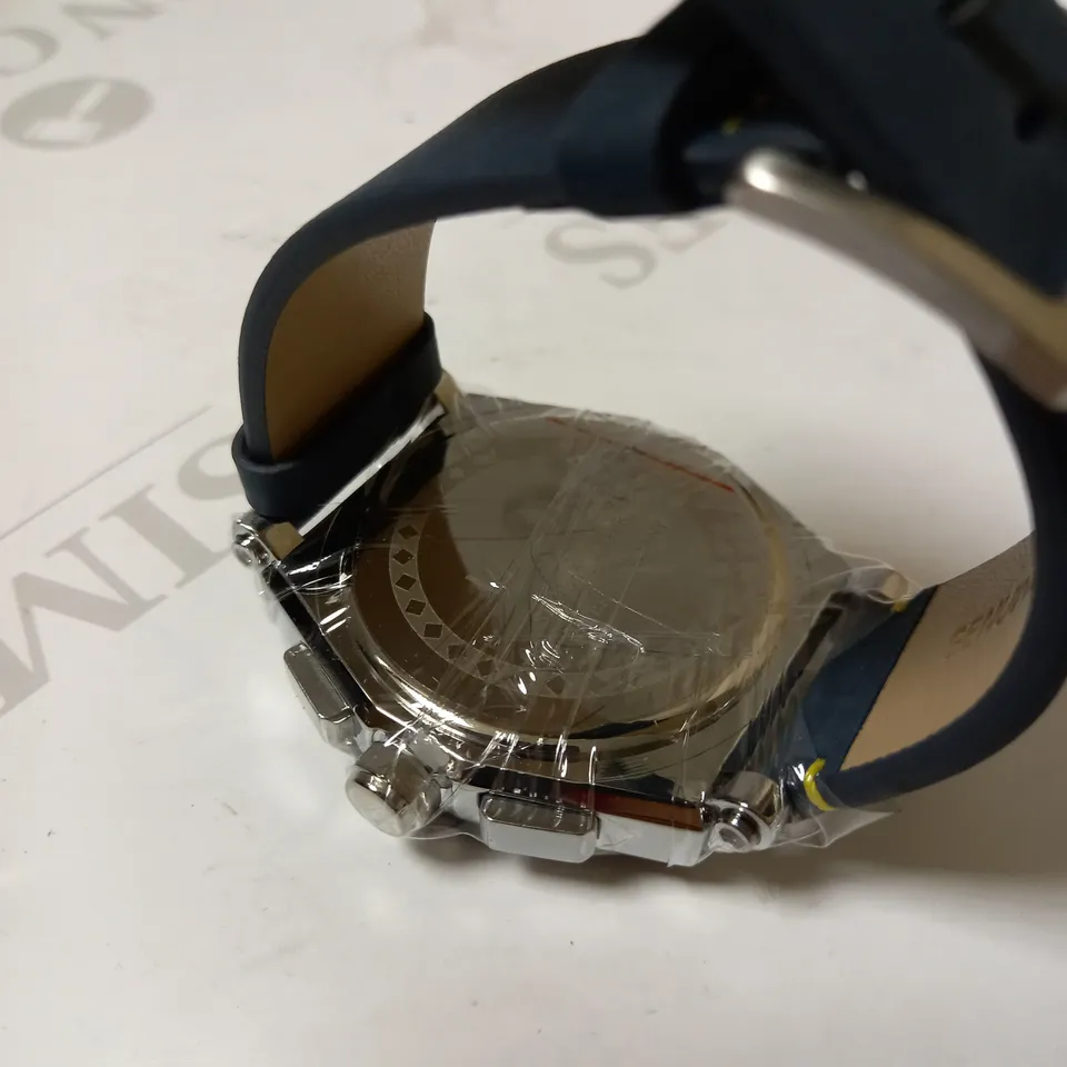 LATOR CALIBRE BLUE & YELLOW DATE DIAL LEATHER STRAP WATCH RRP £635