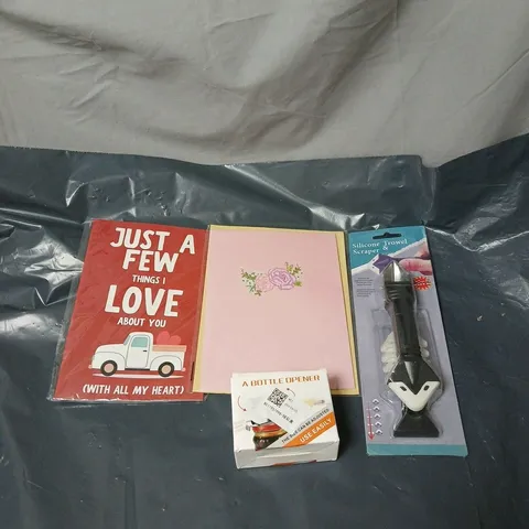 APPROXIMATELY 20 ASSORTED HOUSEHOLD ITEMS TO INCLUDE GREETINGS CARDS, SILICONE TROWEL SCRAPER, BOTTLE OPENER ETC