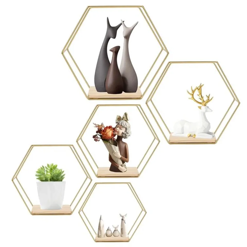BOXED SET OF 5 HEXAGONAL WALL SHELVES