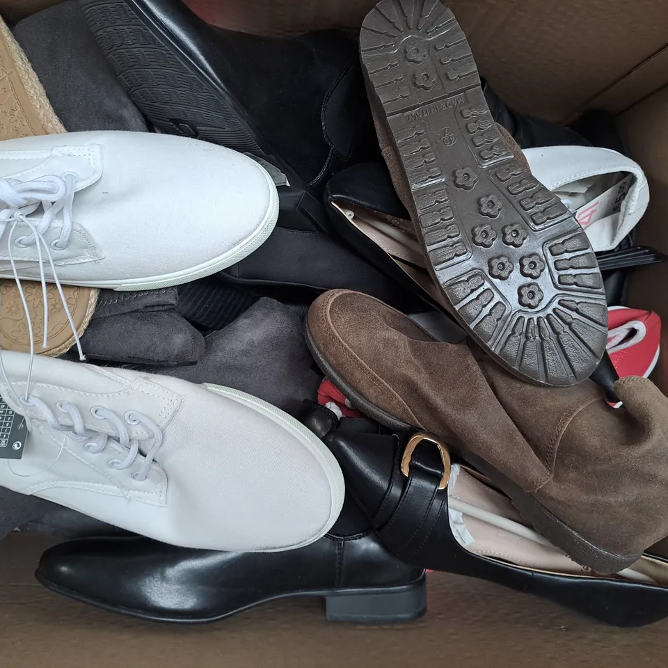 BOX OF APPROXIMATELY 10 ASSORTED PAIRS OF SHOES IN VARIOUS COLOURS, STYLES, AND SIZES