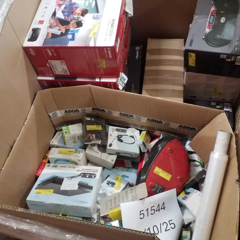 PALLET CONTAINING ASSORTED ELECTRICAL PRODUCTS INCLUDING CANON PIXMA TS3350 PRINTER, HP DESKJET 2810E PRINTER, BLUETOOTH CD BOOMBOX, HDMI DVD PLAYER, WIRED HEADPHONES & WIRELESS CHARGING PAD