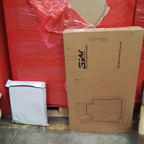 PALLET OF ASSORTED HOUSEHOLD GOODS AND PRODUCTS TO INCLUDE;MEMORY FOAM CUSHION,3W WATER RESISTANT CAR MAT