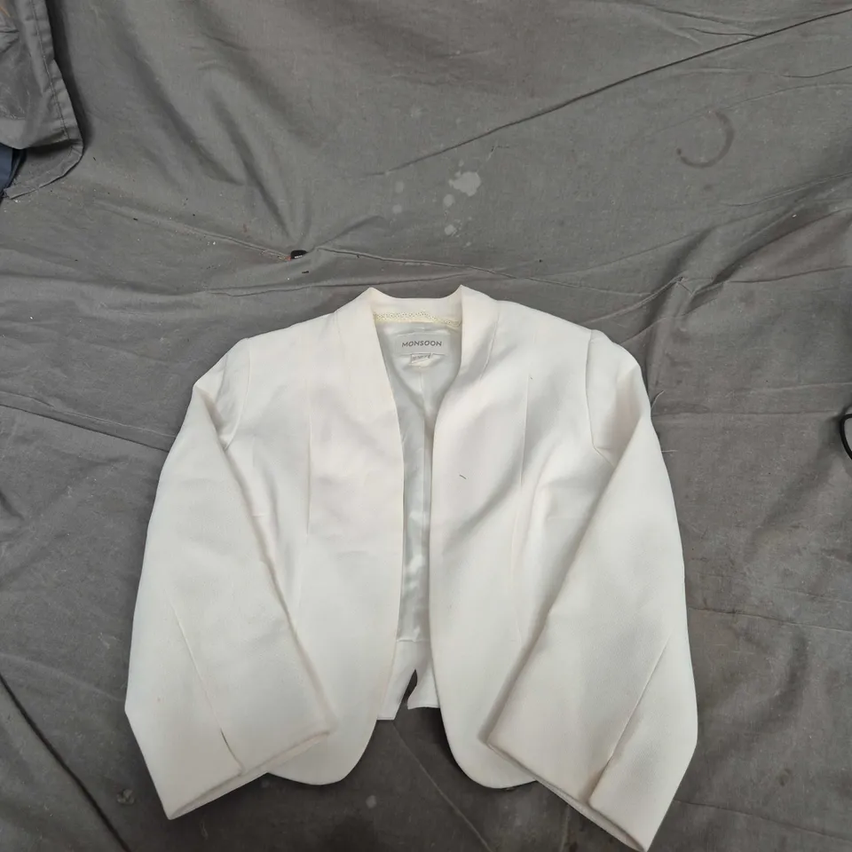 MONSOON WHITE BLAZER, UK 12 (EU 40, US 8) – LACE TRIM