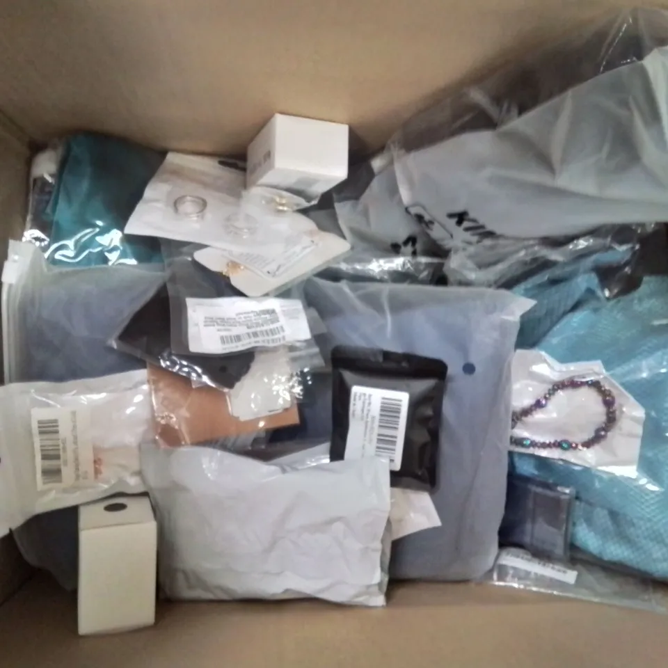 BOX CONTAINING MIXED FASHION ITEMS,  CLOTHING, SILVER PLATE AND COSTUME JEWELLERY ETC.