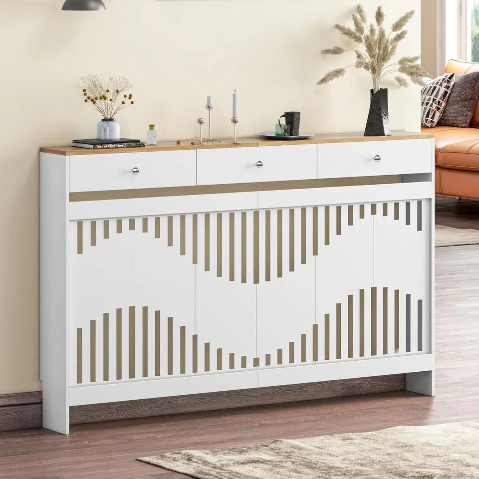 BOXED WHITE WOODEN RADIATOR SHELF PIPE COVERS CABINET WITH WAVY GRILL FOR LIVING ROOM BEDROOM HALLWAY, 152L×19W×95H CM