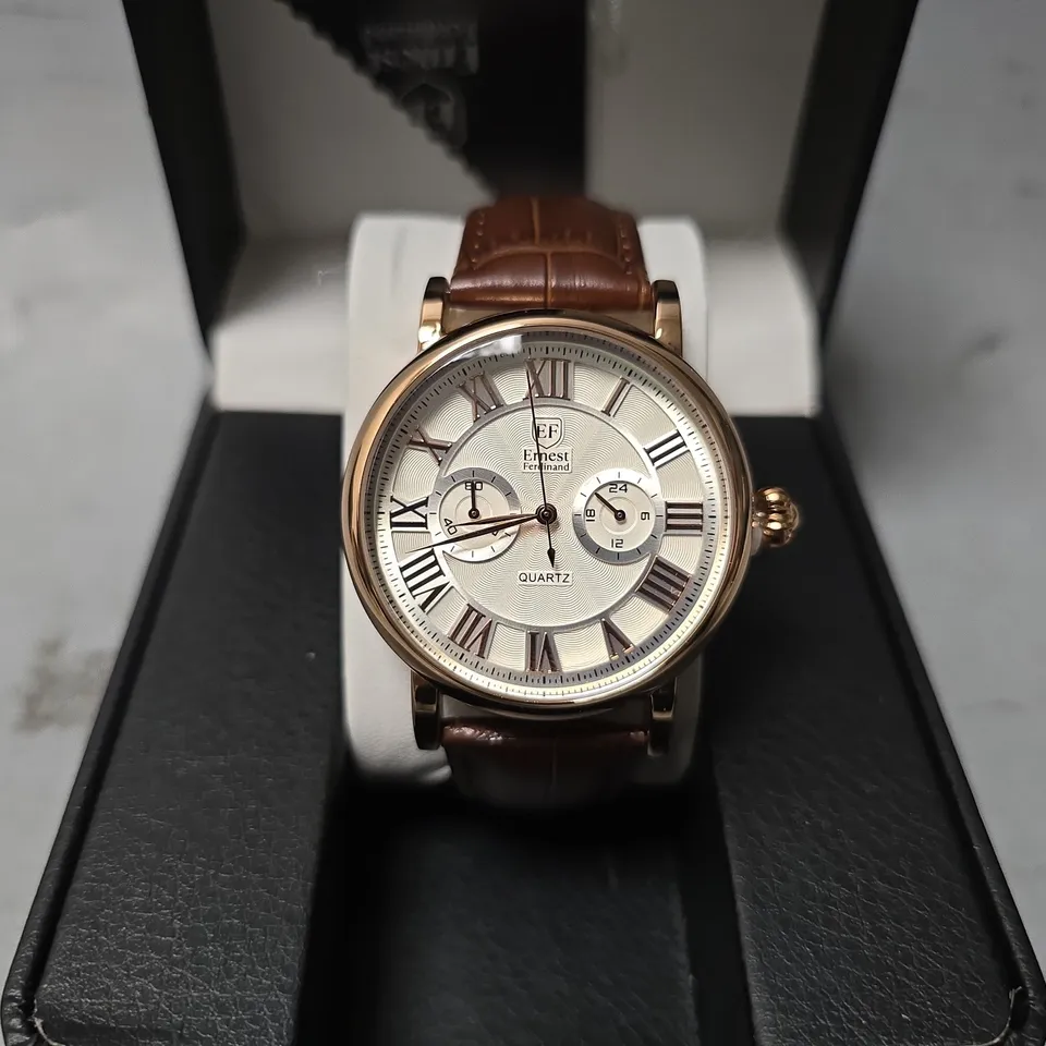 ERNEST FERDINAND WATCH – FUNCTIONING SUB DIALS – LEATHER STRAP GIFT BOX