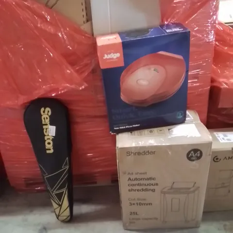 PALLET OF ASSORTED HOUSEHOLD GOODS AND PRODUCTS TO INCLUDE;TENNIS RACKETS,SHREDDING MACHINE,PIZZA MAKER 
