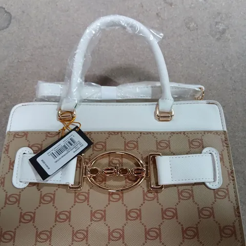 BEBE LEILANI PRINTED MONOGRAM SATCHEL – ALMOND/WHITE 