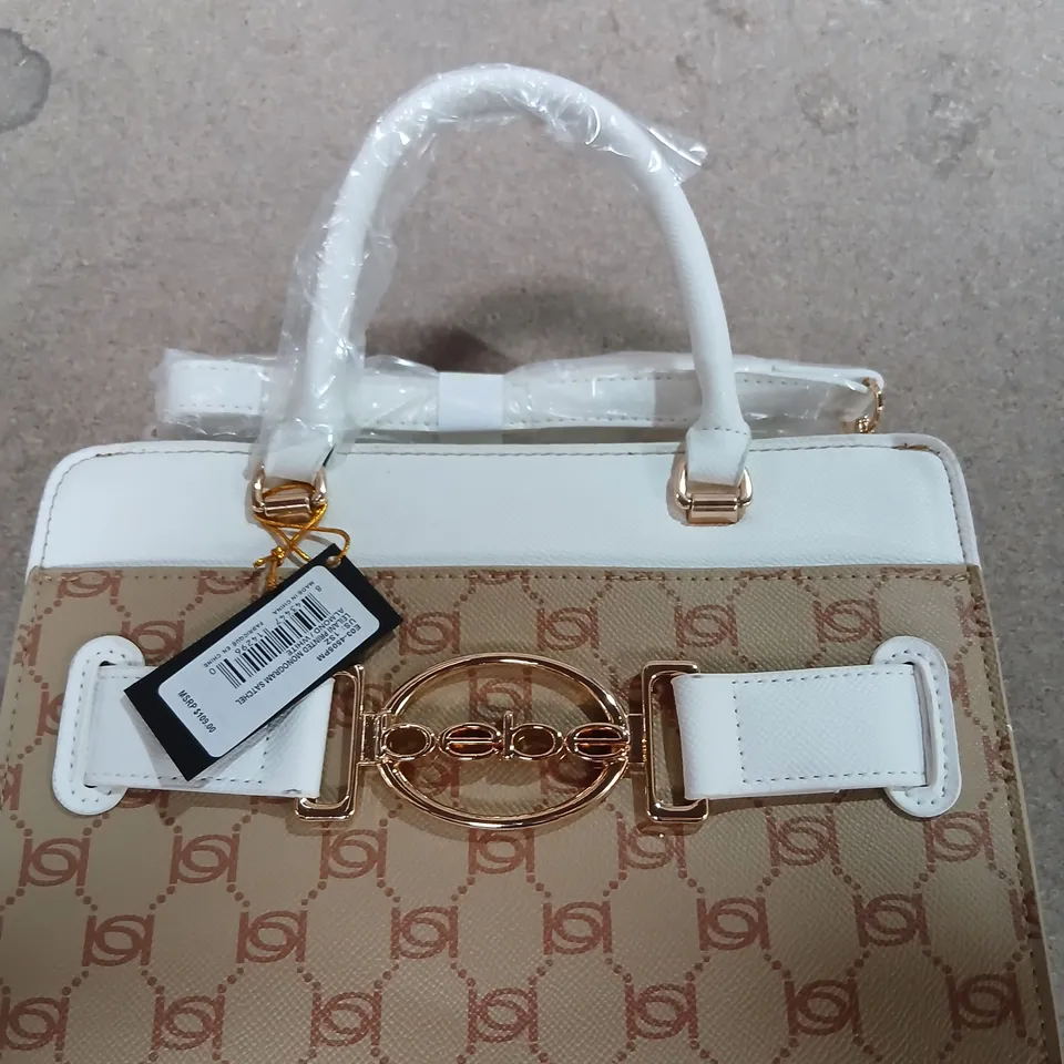 BEBE LEILANI PRINTED MONOGRAM SATCHEL – ALMOND/WHITE 