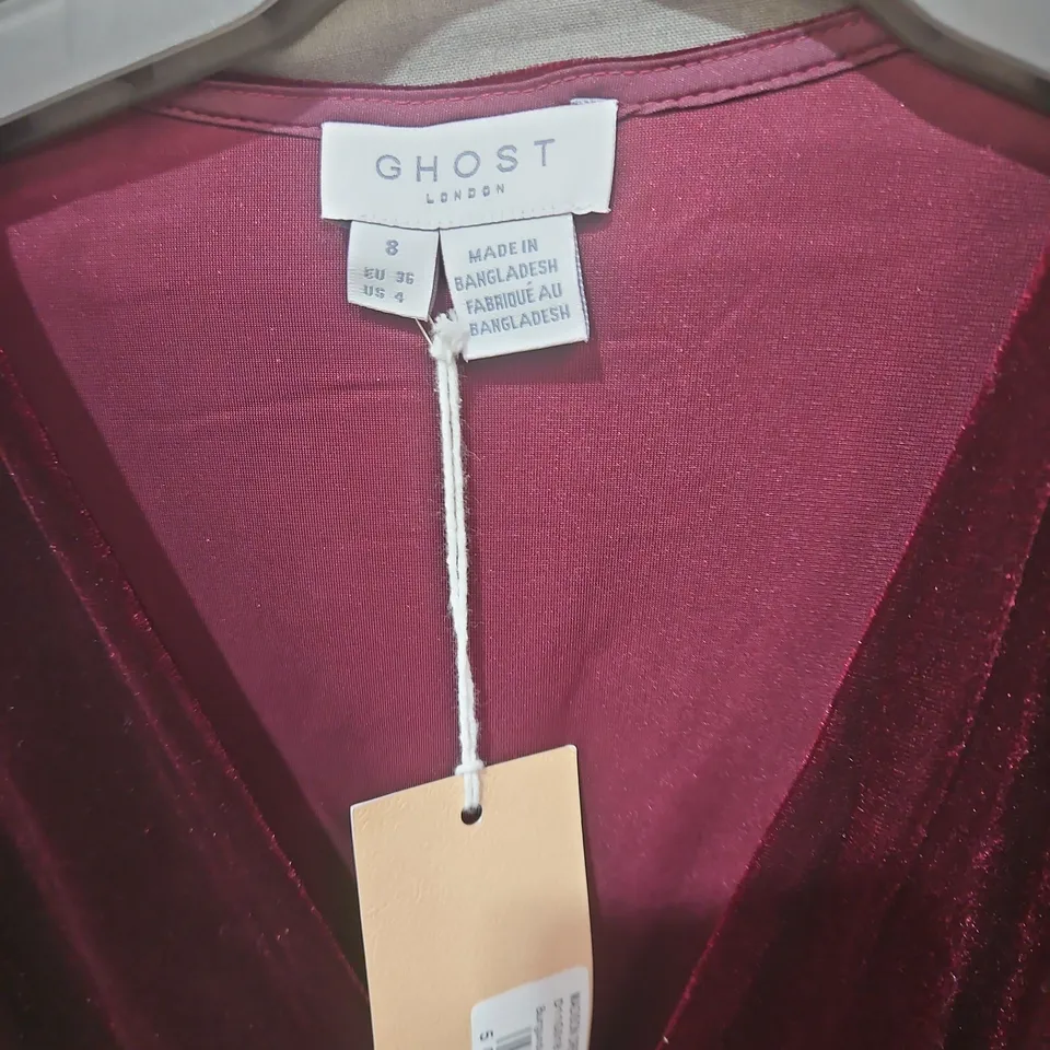 GHOST LONDON VELVET DRESS – BURGUNDY, UK 8