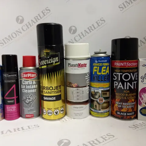 BOX OF APPROX 12 ASSORTED AEROSOLS TO INCLUDE TRESEMME HAIRSPRAY, FLEA KILLER, PAINT FACTORY STOVE PAINT, ETC