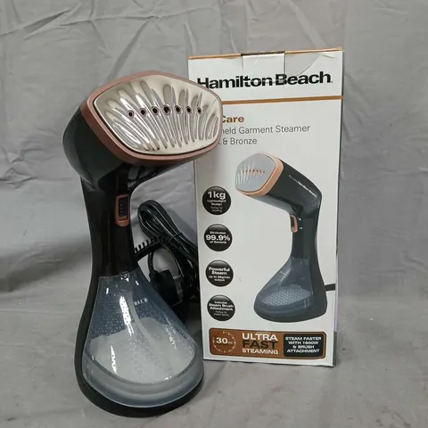 BOXED HAMILTON BEACH PROCARE HANDHELD GARMENT STEAMER IN BLACK/BRONZE