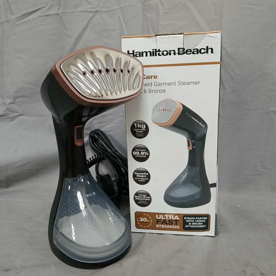 BOXED HAMILTON BEACH PROCARE HANDHELD GARMENT STEAMER IN BLACK/BRONZE