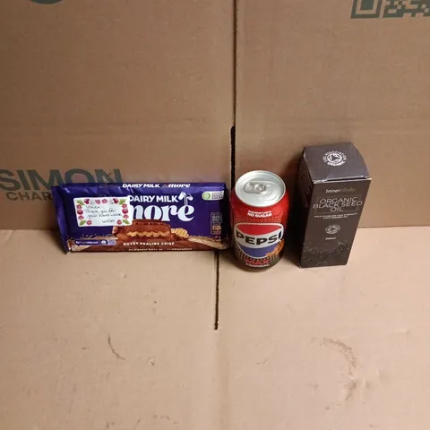 APPROXIMATELY 12 ASSORTED FOOD AND DRINKS ITEMS TO INCLUDE - DAIRY MILK &MORE NUTTY PRALINE BAR, PEPSI MAX TROPICAL, ORGANIC BLACK SEED OIL ETC 