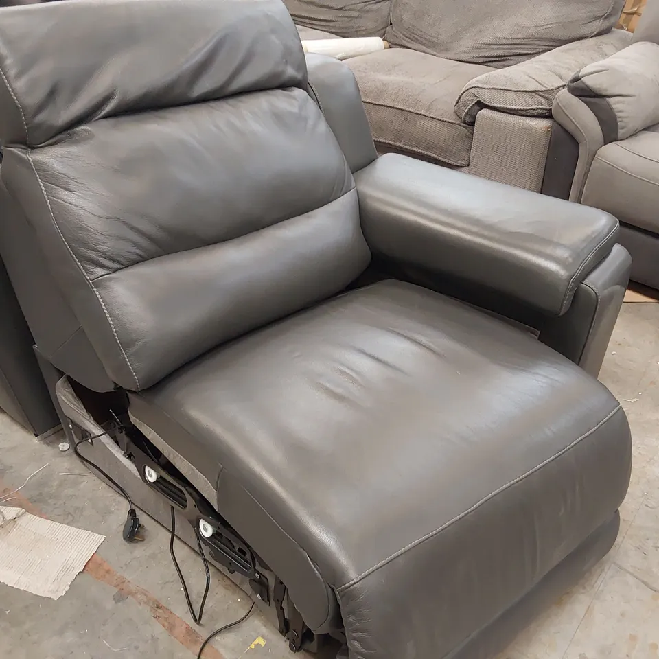 QUALITY ITALIAN DESIGNER POWER RECLINING TWO SEATER SOFA & FIXED SNUGGLER CHAIR CHARCOAL LEATHER 