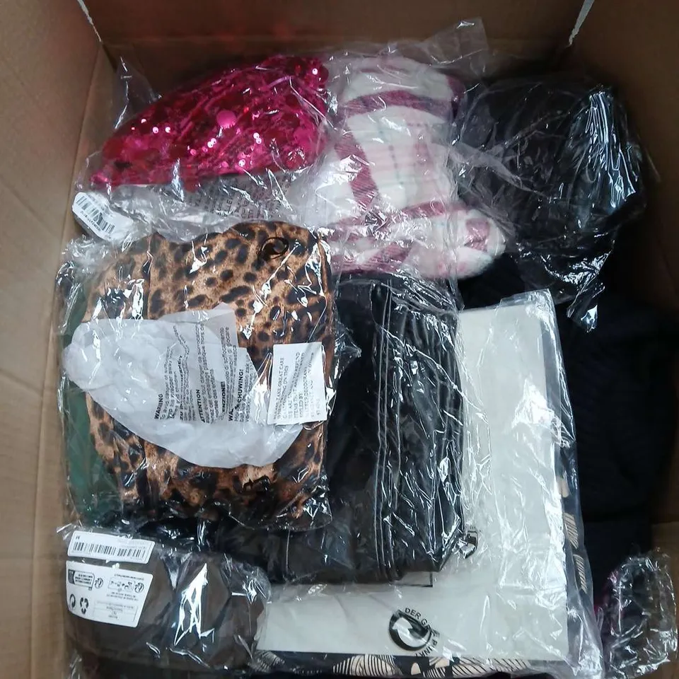 LARGE BOX OF ASSORTED CLOTHING ITEMS IN VARIOUS SIZES, STYLES AND COLOUR 