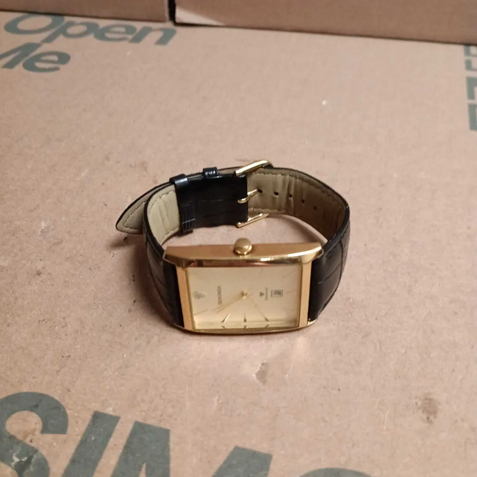 SEKONDA RECTANGULAR GOLD-TONE WATCH WITH LEATHER STRAP – STAINLESS STEEL BACK