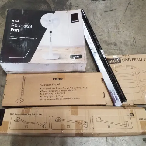 PALLET CONTAINING ASSORTED PRODUCTS INCLUDING 16" PEDESTAL FAN, VACUUM STAND, WALL MOUNTED DOORWAY PULLUP BAR, UNIVERSAL LID & SHOWER SEAL STRIP