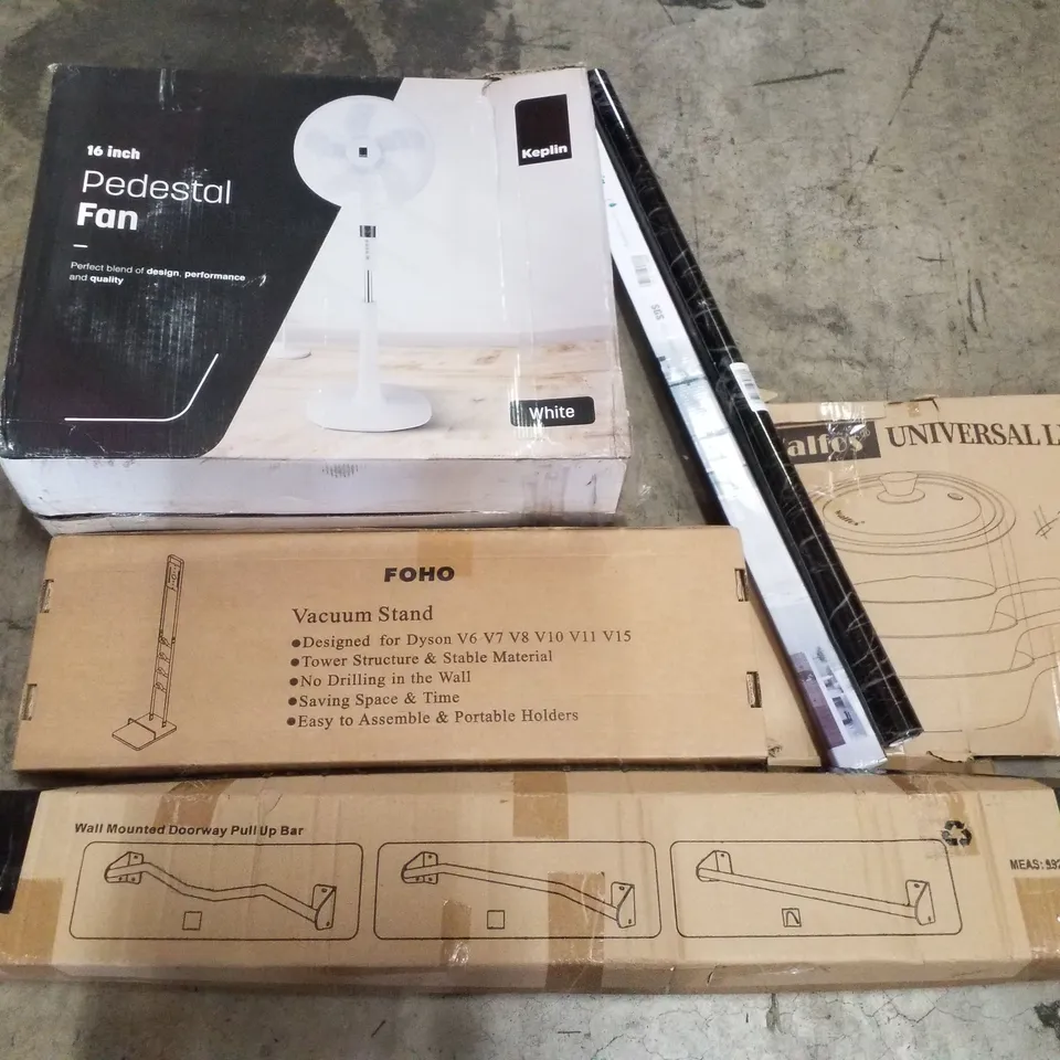 PALLET CONTAINING ASSORTED PRODUCTS INCLUDING 16" PEDESTAL FAN, VACUUM STAND, WALL MOUNTED DOORWAY PULLUP BAR, UNIVERSAL LID & SHOWER SEAL STRIP