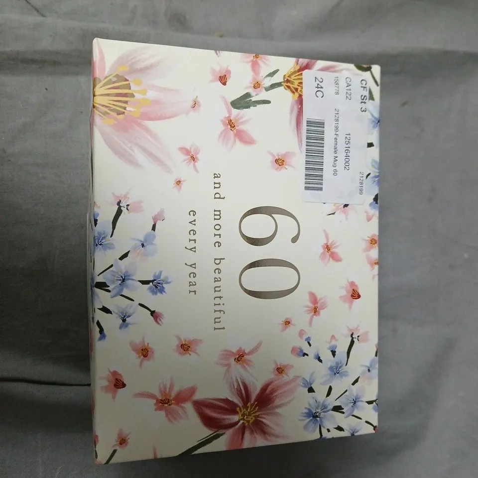 FLORAL 60 MUG WITH '60 AND MORE BEAUTIFUL EVERY YEAR' INSCRIPTION