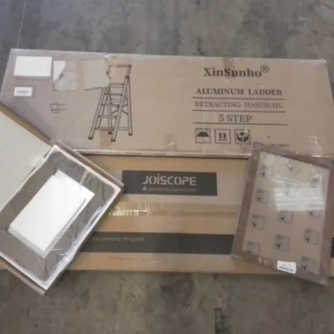 PALLET OF ASSORTED ITEMS INCLUDING ALUMINIUM 5 STEP LADDER, PICTURE FRAME, WALL HUNG MIRROR, STUDIO EASEL, AIR FRYER, LED FIXTURE
