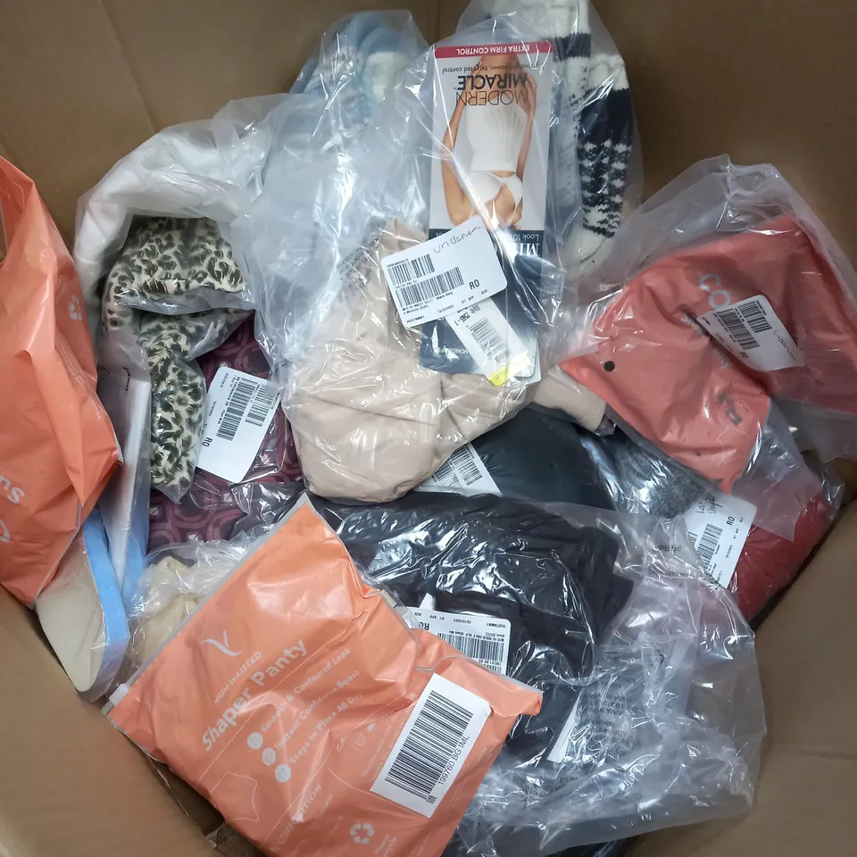 BOX OF ASSORTED CLOTHING ITEMS TOO INCLUDE TOPS , JUMPERS, AND PANTS ETC. 