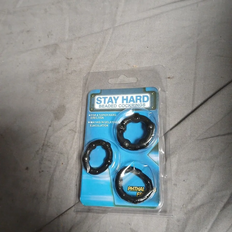 BOX OF APPROXIMATELY 30 ASSORTED SEX TOYS AND ACCESSORIES INCLUDING TRIPLE COCK RING , HEAD MASTER VIBRATING EGG AND STAY HARD BEADED COCKRINGS 