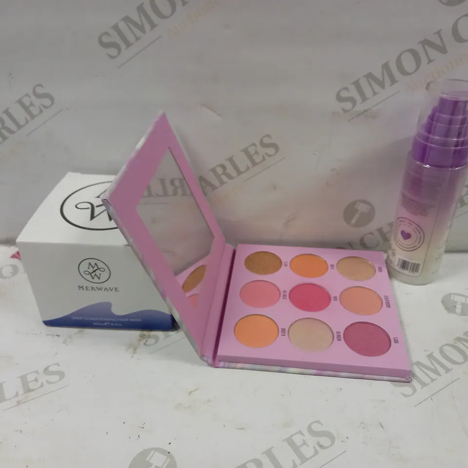 LOT OF APPROXIMATELY 20 COSMETICS ITEMS TO INCLUDE PORE FILTER MATTIFYING MIST, STUN SHADOW PALLET, MERWAVE DEEP CONDITIONING HAIR MASK, ETC