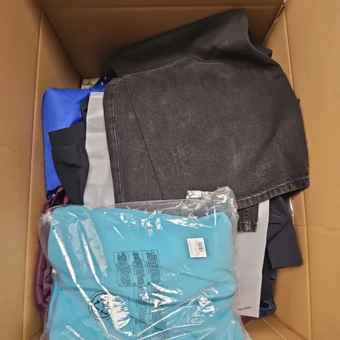 LARGE BOX OF APPROXIMATELY 20 ASSORTED CLOTHING ITEMS IN VARIOUS SIZES, STYLES AND COLOUR