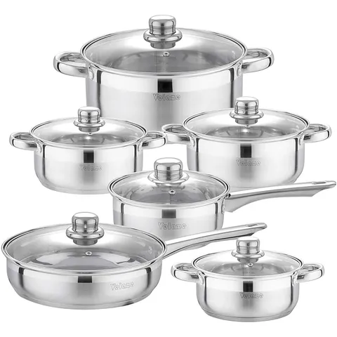 BOXED VELAZE MOTTI 12 PIECE STAINLESS STEEL COOKWARE SET (1 BOX)