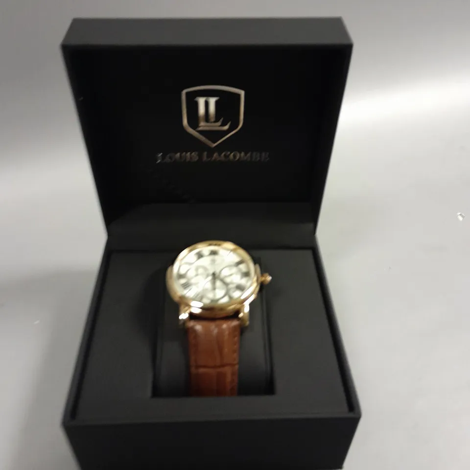 MENS LOUIS LACOMBE CHRONOGRAPH WATCH WITH MULTI FUNCTION DIAL WITH DATE AND ROMAN NUMERAL DIAL WITH BROWN LEATHER STRAP IN GIFT BOX