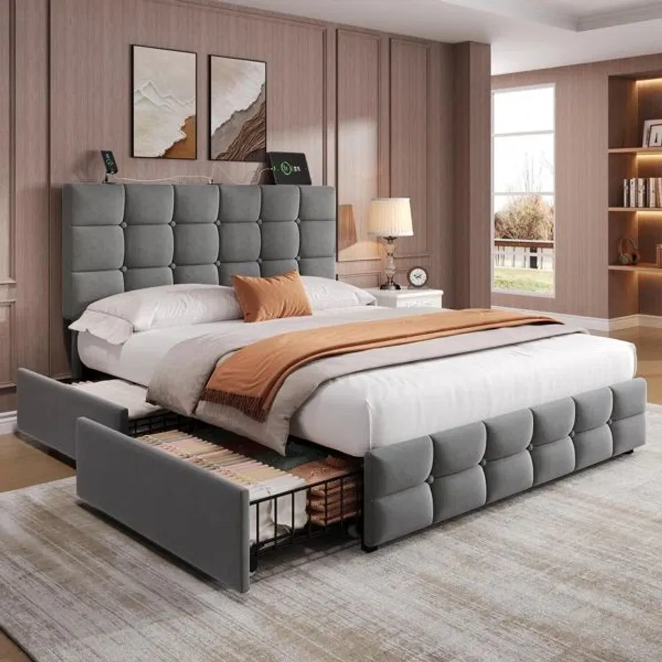 BOXED 4FT6 UPHOLSTERED BED WITH 4 STORAGE DRAWERS - GREY (2 BOXES)