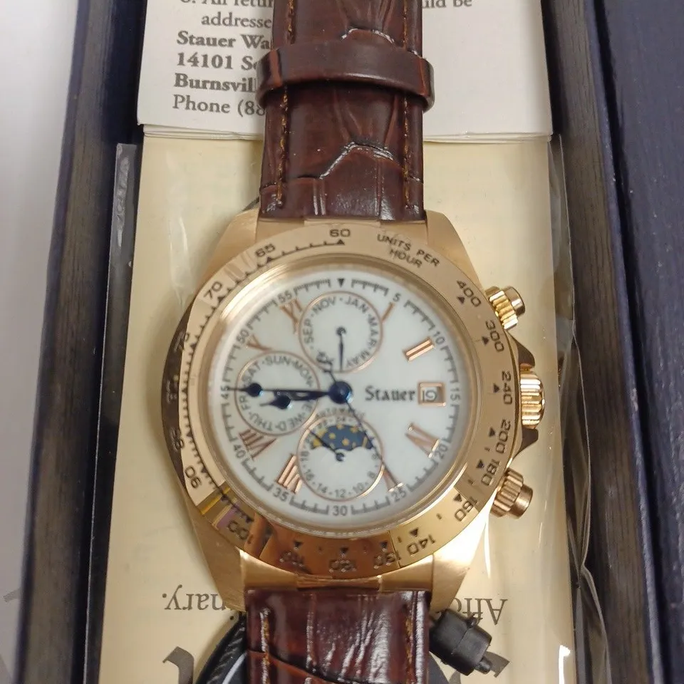 BOXED STAUER GENTS SPEEDWAY AUTOMATIC WATCH GENUINE LEATHER - BROWN & GOLD