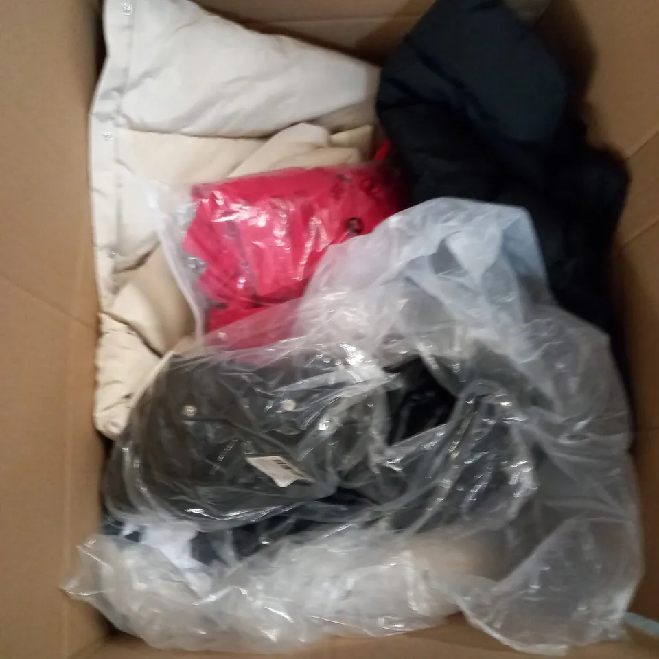 BOX OF ASSORTED CLOTHING ITEMS TOO INCLUDE JUMPERS, SHIRTS AND TROUSERS IN VARIOUS SIZES AND COLOURS   