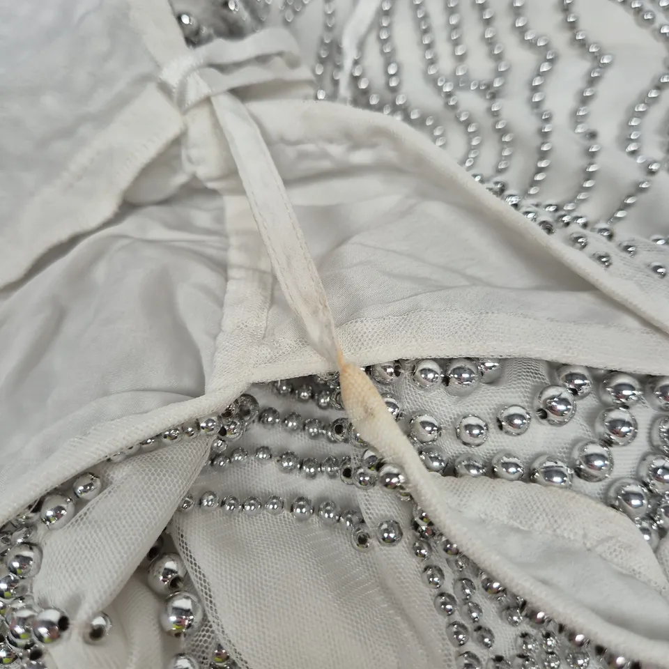 KAREN MILLEN EMBELLISHED GEO HALTER WOVEN JUMPSUIT – IVORY, UK 12