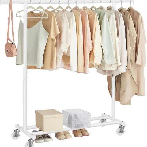 BOXED SONGMICS CLOTHES RACK ON WHEELS, 45×(92-132)×161.5 CM, WITH EXTENDABLE HANGING RAIL, 100 KG LOAD CAPACITY - WHITE