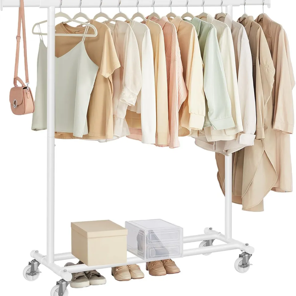BOXED SONGMICS CLOTHES RACK ON WHEELS, 45×(92-132)×161.5 CM, WITH EXTENDABLE HANGING RAIL, 100 KG LOAD CAPACITY - WHITE