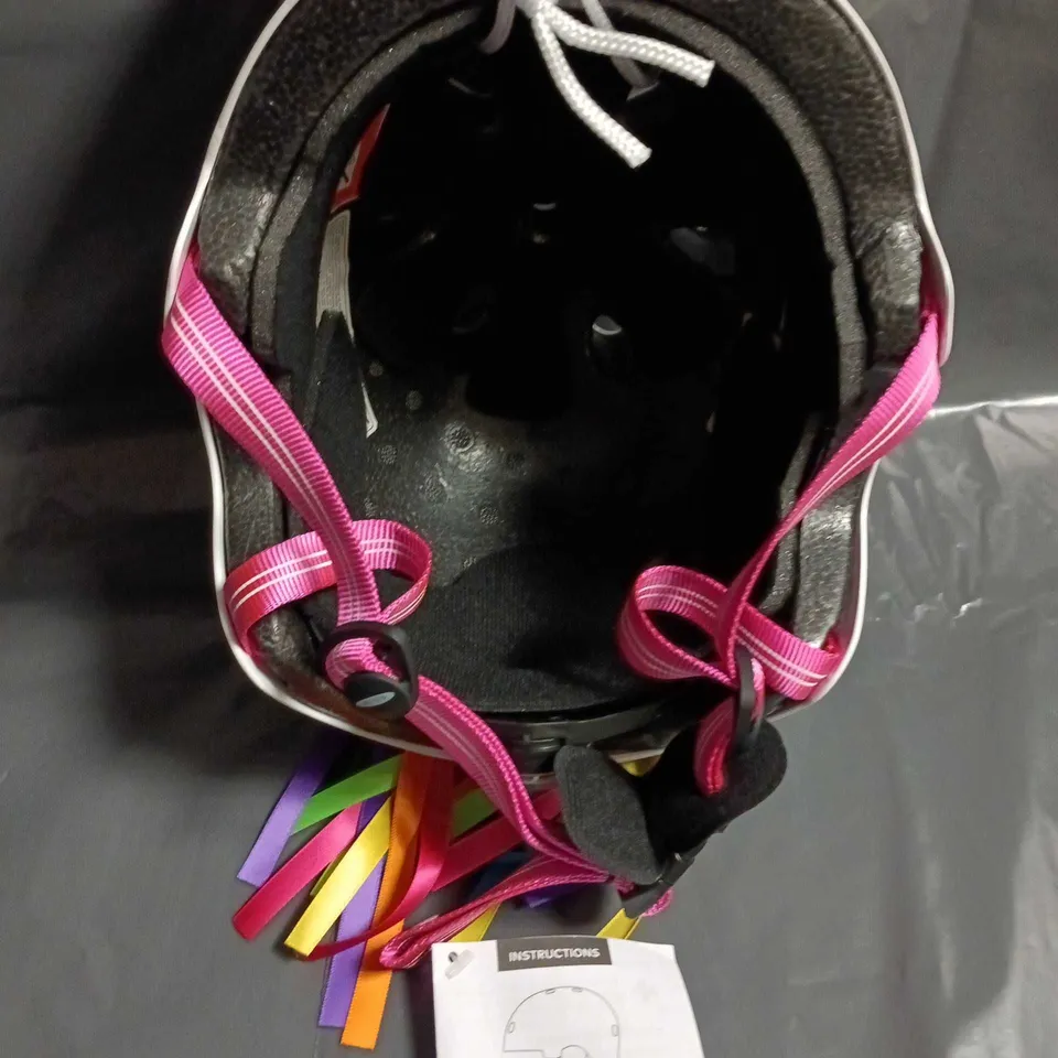 KIDS' UNICORN MICRO HELMET – WHITE, SIZE S (48–54 CM), BY MERO WITH RAINBOW RIBBONS