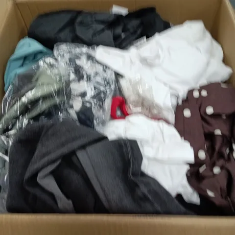 BOX OF APPROXIMATELY 25 ASSORTED CLOTHING ITEMS IN VARIOUS STYLES , COLOURS AND SIZES