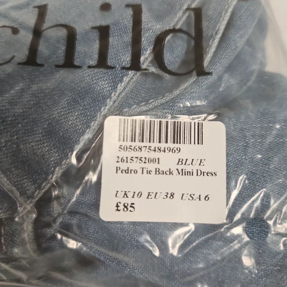 PEDRO TIE BACK MINI DRESS – BLUE DENIM, UK 10 (EU 38) USA 6