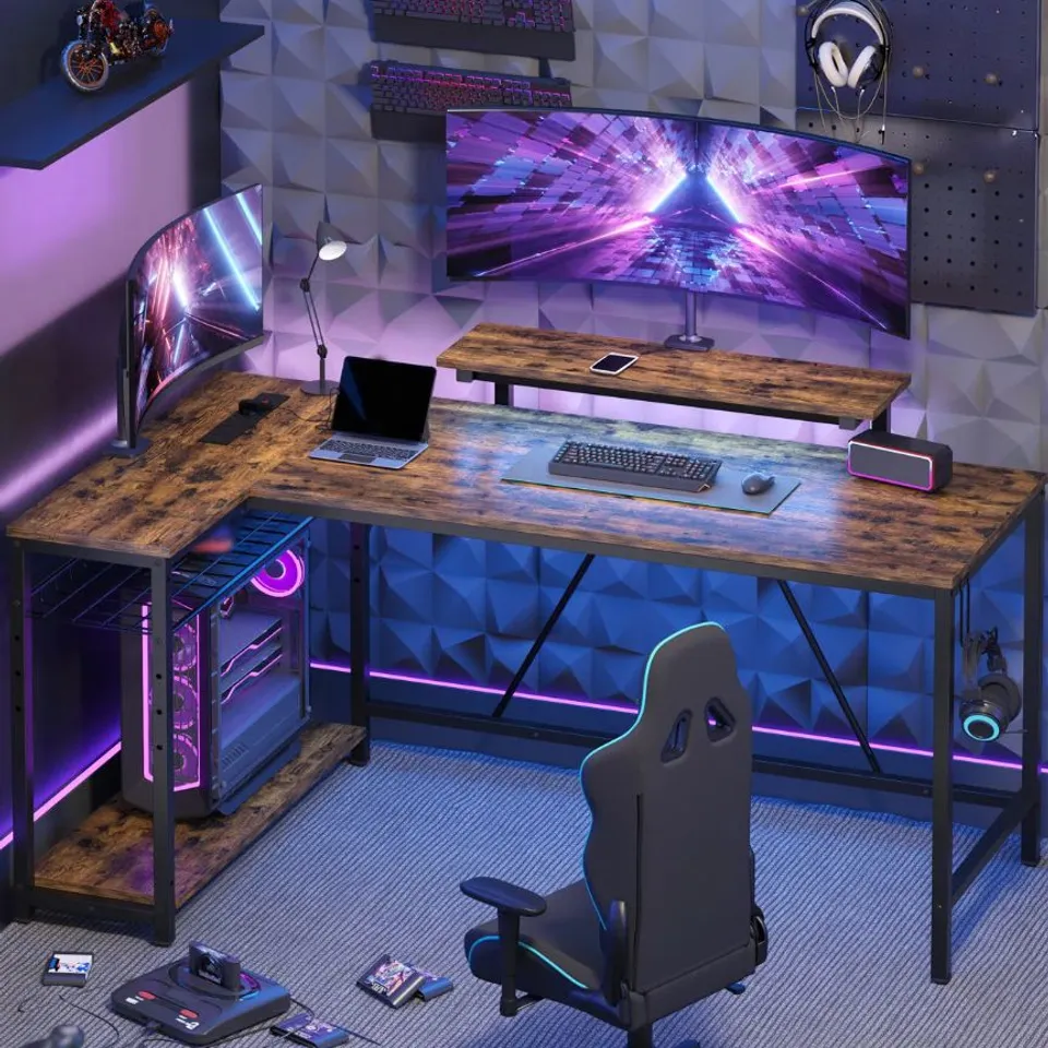 BOXED BAFORD L-SHAPED COMPUTER DESK WITH POWER OUTLET, GAMING DESK WITH MONITOR STAND AND SHELVES - RUSTIC (1 BOX)