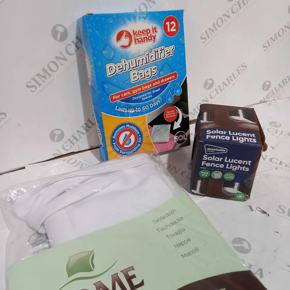 BOX OF APPROXIMATELY 20 ITEMS TO INCLUDE SOLAR LUCENT FENCE LIGHTS, DEHUMIDIFIER BAGS, YARN ETC