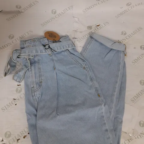 JUST ORGANIC HIGH PAPER BAG WAIST JEANS IN LIGHT BLUE DENIM SSIZE 14
