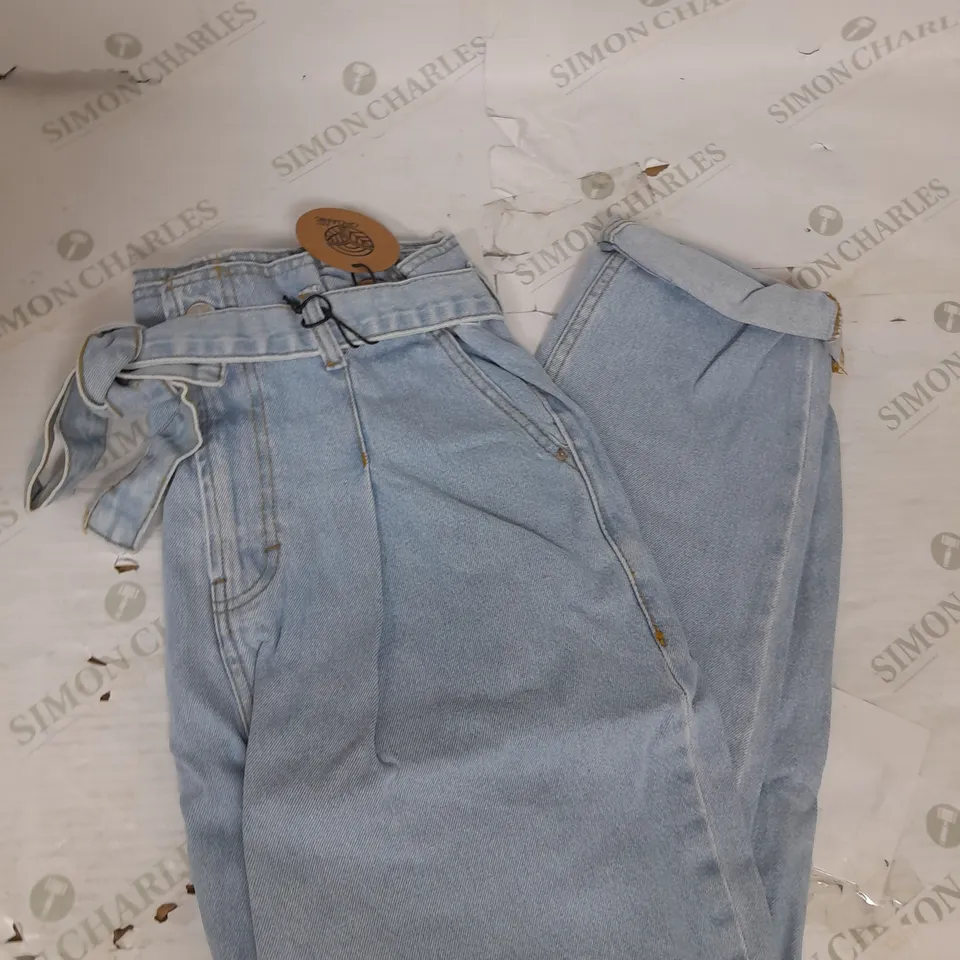 JUST ORGANIC HIGH PAPER BAG WAIST JEANS IN LIGHT BLUE DENIM SSIZE 14